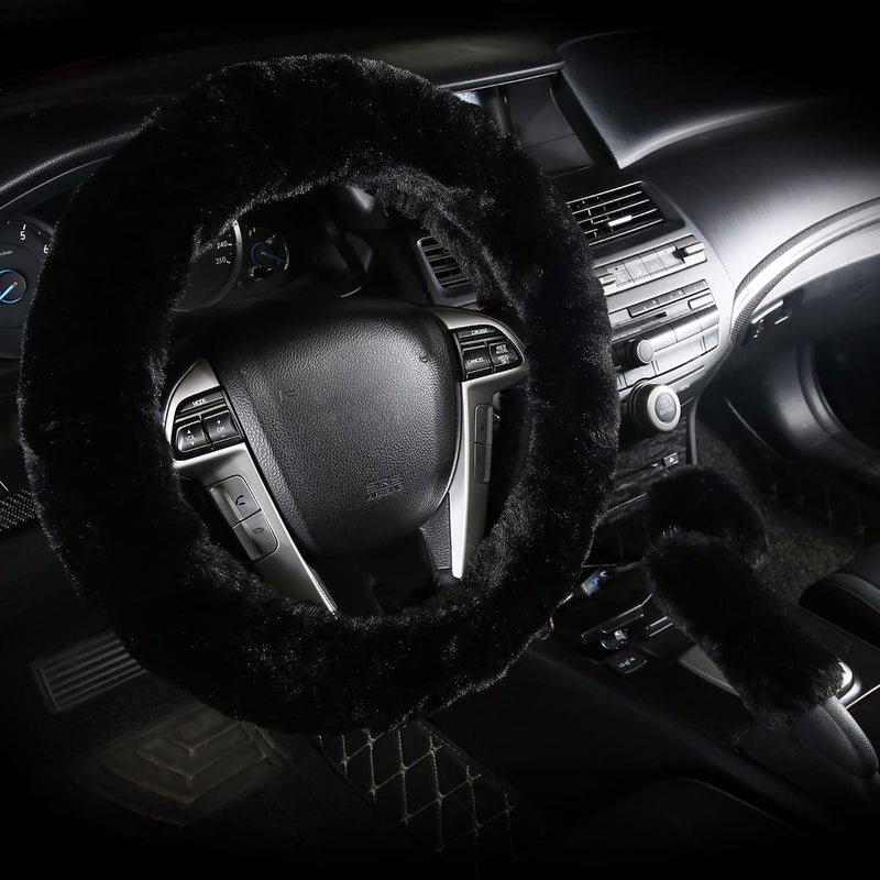 Cxtiy Warm Steering Wheel Cover with Handbrake Cover & Gear Shift Cover, Soft Fazzy Steering Wheel Wrap Faux Wool Fluffy for Winter 3 Pcs1 Set Fit Most of Car(Black) - Image 1